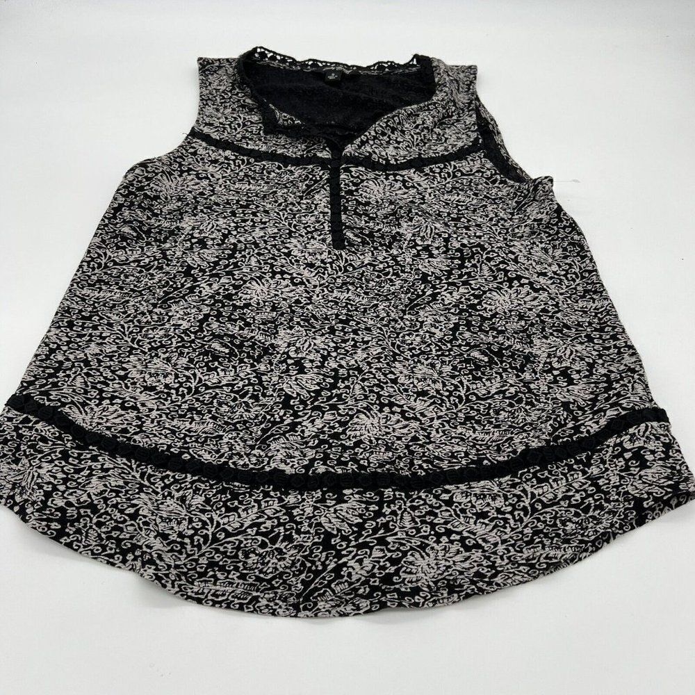 Lucky Brand Womens Top Shirt S Cotton Linen Blend Black White Crochet Sleeveless
